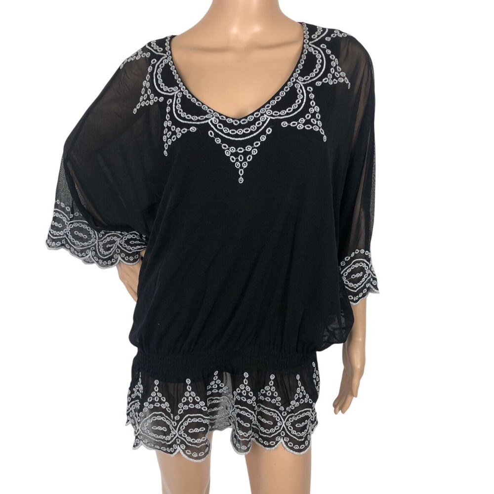Alfani Embroidered Lace Tunic Top Size L Dolman Sleeve Ruffle Boho Western Shirt - Picture 2 of 10
